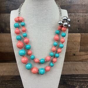 Erica Lyons signed silver toned double strand salmon pink and turquoise necklace
